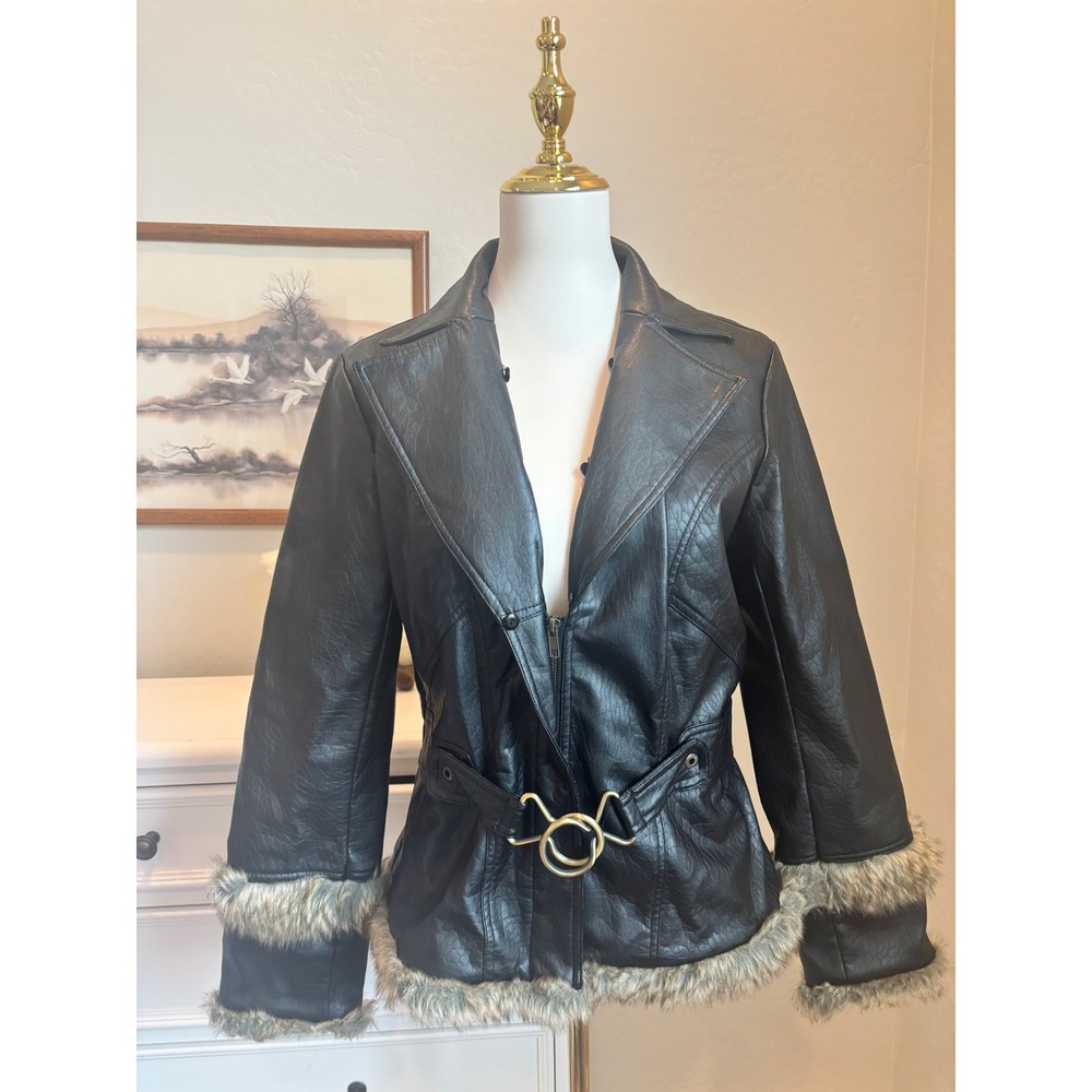 Faux Leather Jacket Fur Trim Y2K Gothic Belted Black Coat Large witchy